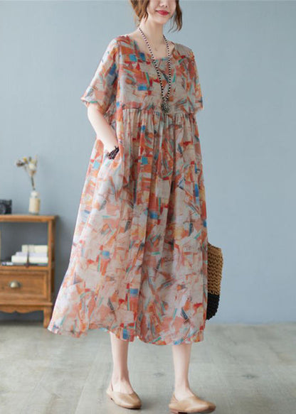 Oversized Print Exra Large Hem Cotton Long Dresses Short Sleeve Ly0917