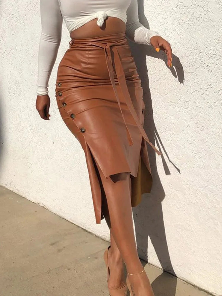 Dressbetty - Pu Leather Midi Skirt Color High Waist Slim Pencil Skirt
