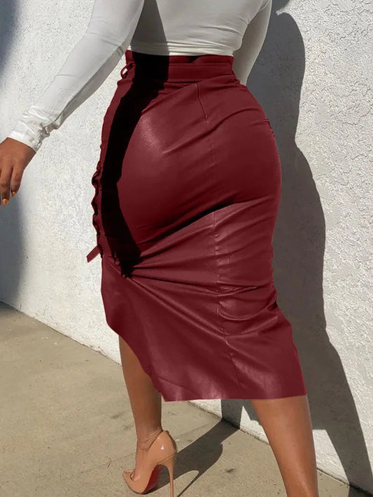 Dressbetty - Pu Leather Midi Skirt Color High Waist Slim Pencil Skirt