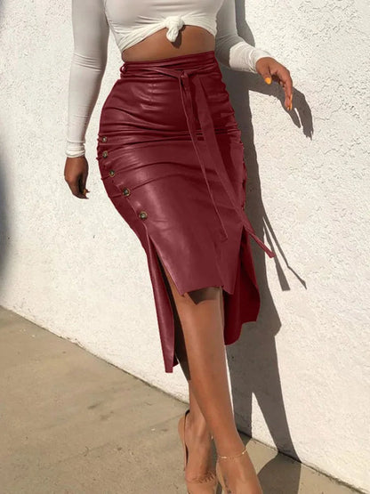 Pu Leather High Waist Lace-up Side Button Slim Skinny Pencil Skirt