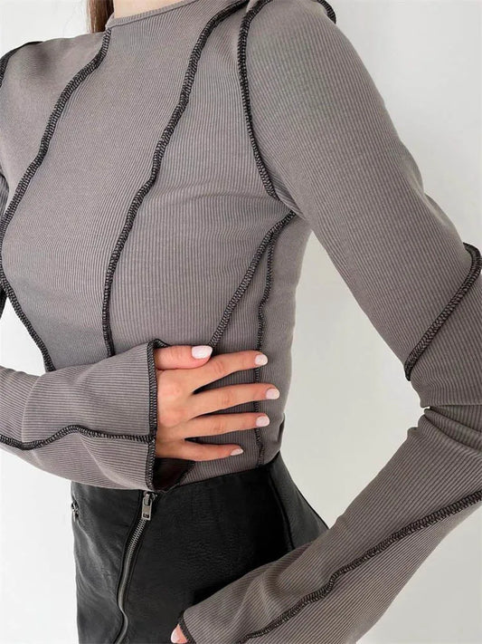 Patchwork T-shirts Long Flare Sleeve Round Neck Knitted Ribbed Tees Shirts Spring Autumn Street Top
