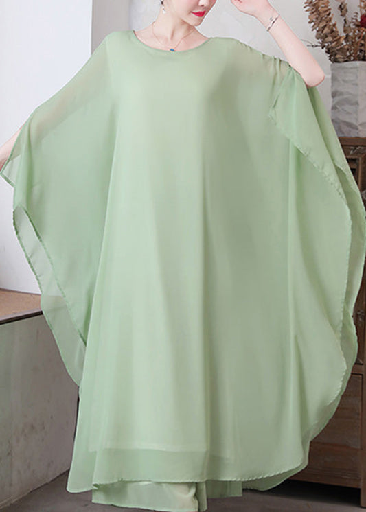 Pea Green Asymmetrical Chiffon Long Dress and Wide Leg Pants Two Pieces Set Spring Ly1736