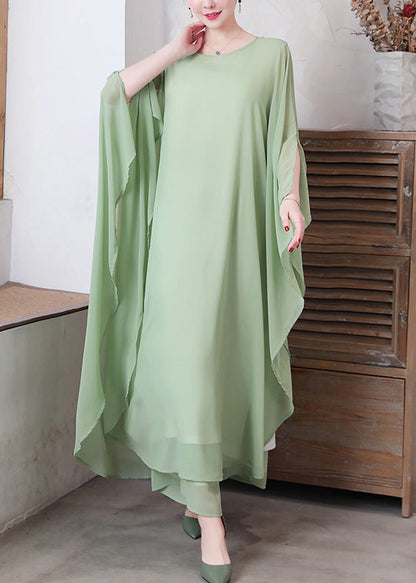Pea Green Asymmetrical Chiffon Long Dress and Wide Leg Pants Two Pieces Set Spring Ly1736