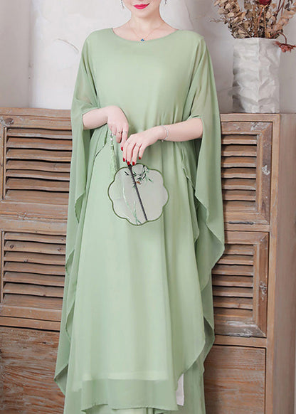 Pea Green Asymmetrical Chiffon Long Dress and Wide Leg Pants Two Pieces Set Spring Ly1736