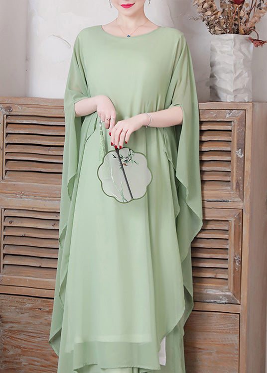 Pea Green Asymmetrical Chiffon Long Dress and Wide Leg Pants Two Pieces Set Spring Ly1736