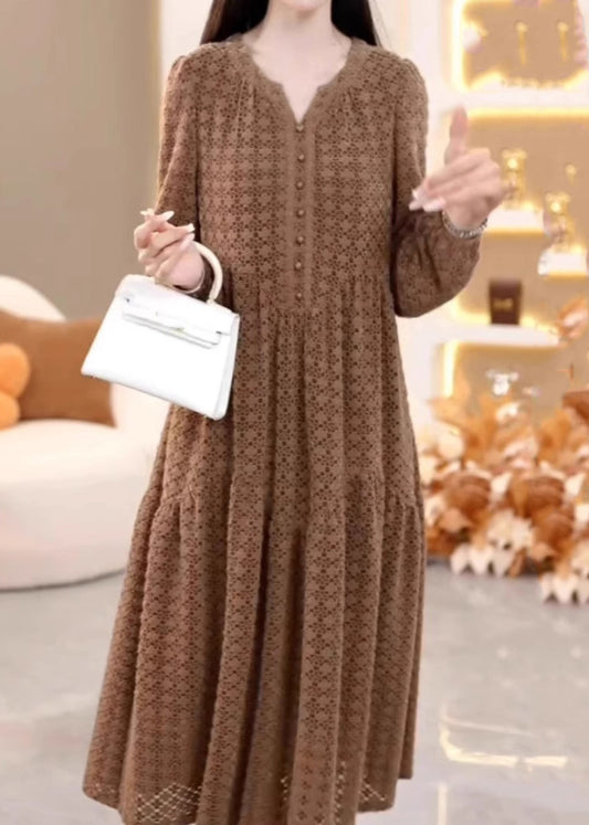 Photo Color V Neck Patchwork Button Silk Velvet Maxi Dresses Spring Rf042