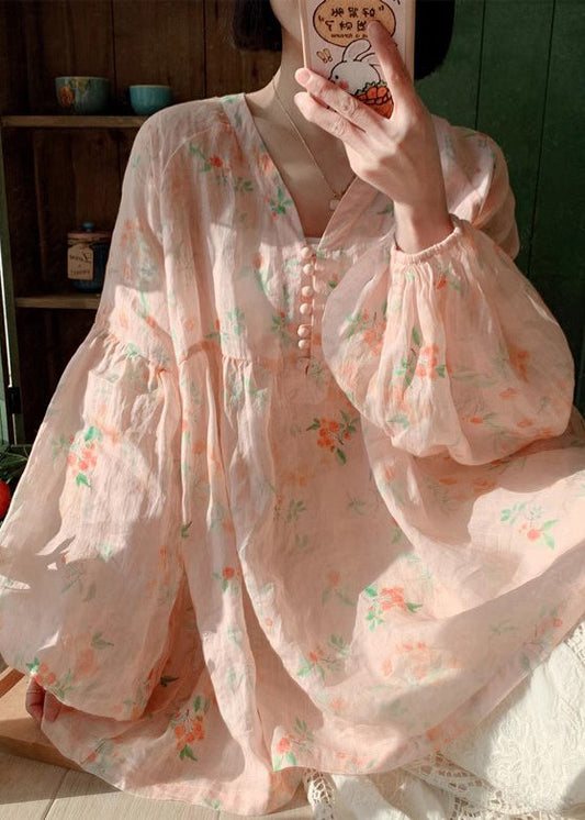 Pink Button Print Cotton Blouse Lantern Sleeve Kj019