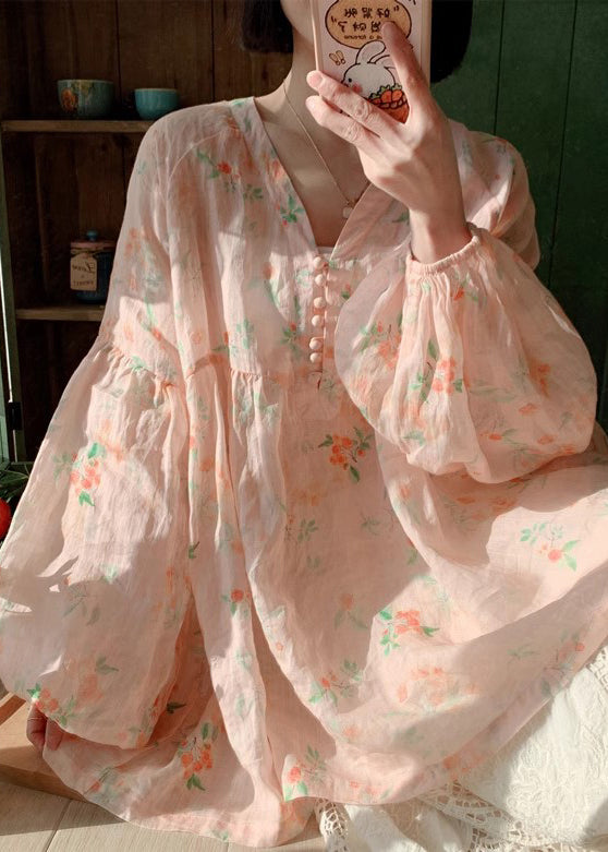 Pink Button Print Cotton Blouse Lantern Sleeve Kj019