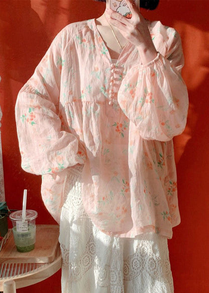 Pink Button Print Cotton Blouse Lantern Sleeve Kj019