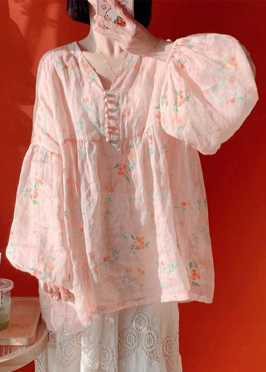 Pink Button Print Cotton Blouse Lantern Sleeve Kj019