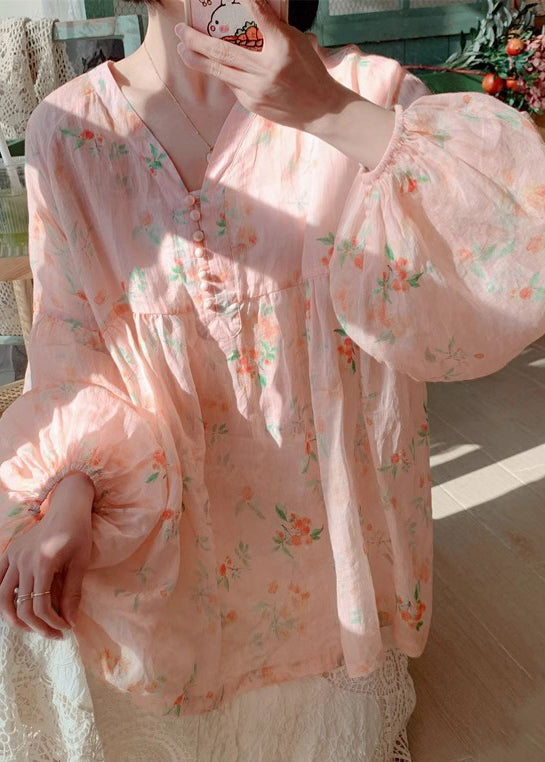 Pink Button Print Cotton Blouse Lantern Sleeve Kj019