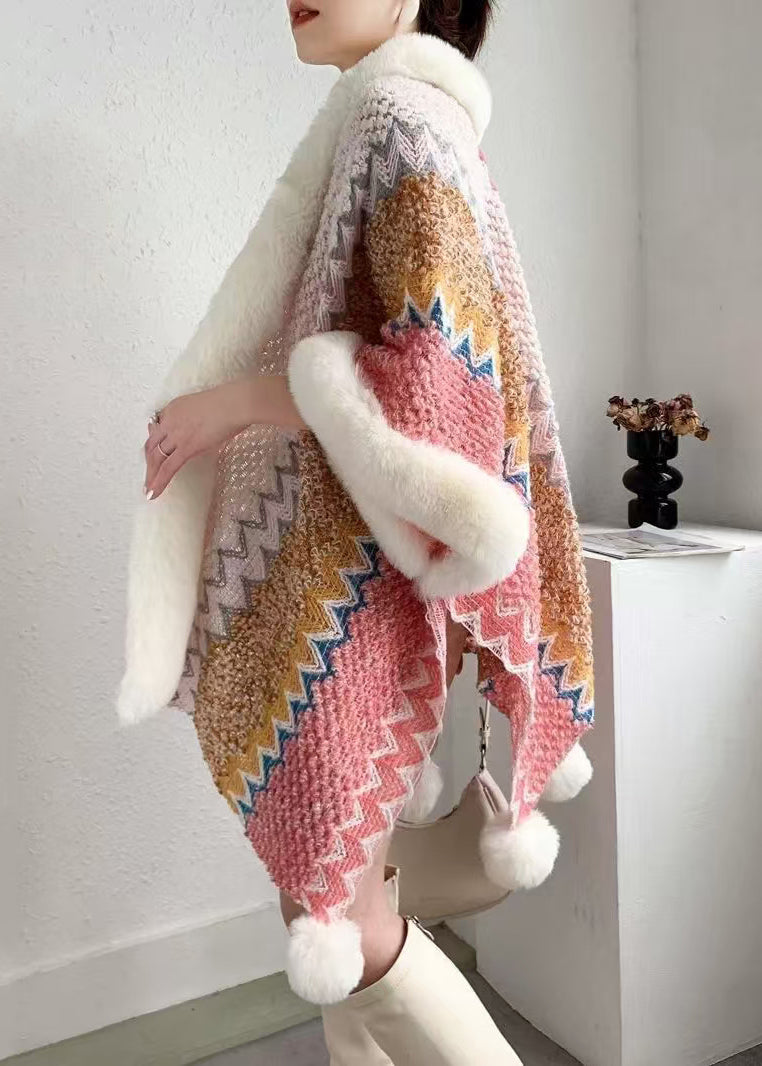 Pink Fur Collar Patchwork Warm Fleece Cape Coats Spring Yw009
