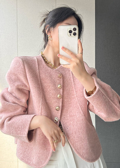 Pink O Neck Button Woolen Short Coat Spring Tq018