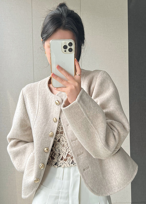 Pink O Neck Button Woolen Short Coat Spring Tq018