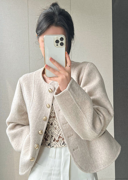 Pink O Neck Button Woolen Short Coat Spring Tq018