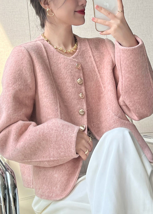 Pink O Neck Button Woolen Short Coat Spring Tq018