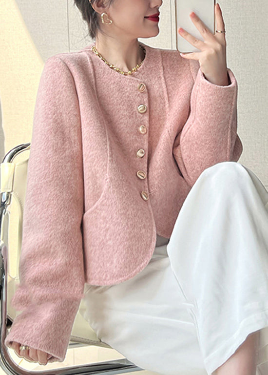 Pink O Neck Button Woolen Short Coat Spring Tq018