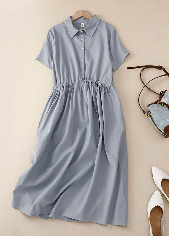 Pink Peter Pan Collar Drawstring Cotton Long Dress Summer Am1062