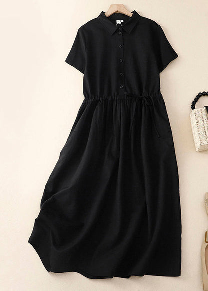 Pink Peter Pan Collar Drawstring Cotton Long Dress Summer Am1062