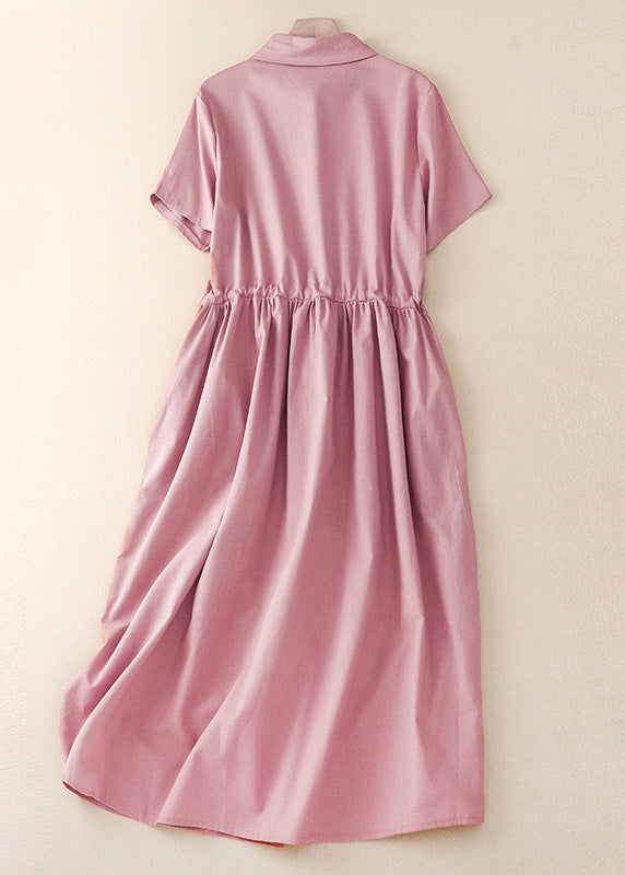Pink Peter Pan Collar Drawstring Cotton Long Dress Summer Am1062