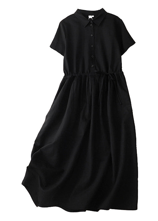 Pink Peter Pan Collar Drawstring Cotton Long Dress Summer Am1062
