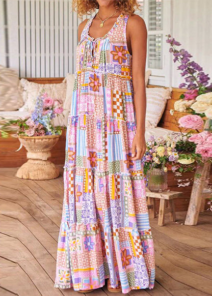 Pink Ruffled Print Cotton Long Dresses Sleeveless Aa1029
