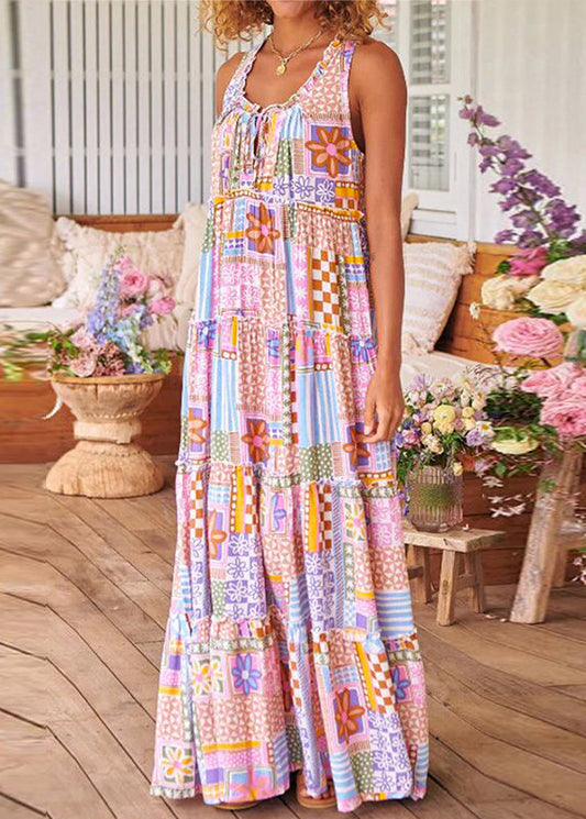 Pink Ruffled Print Cotton Long Dresses Sleeveless Aa1029
