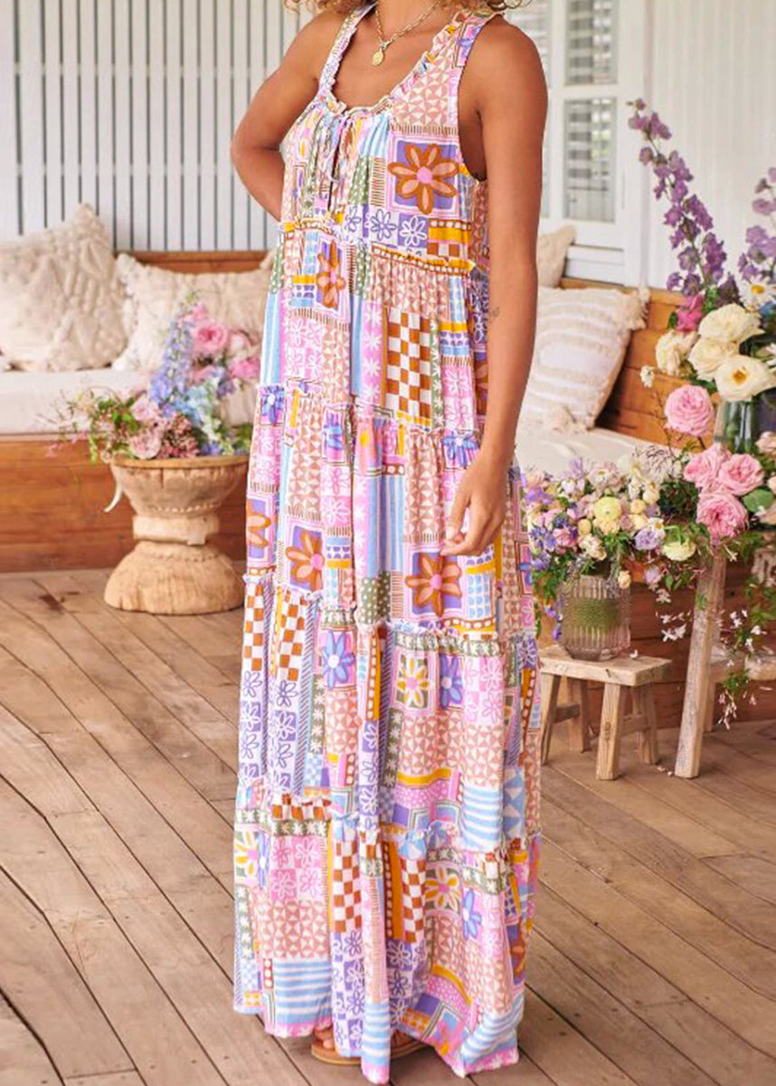 Pink Ruffled Print Cotton Long Dresses Sleeveless Aa1029