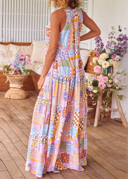 Pink Ruffled Print Cotton Long Dresses Sleeveless Aa1029