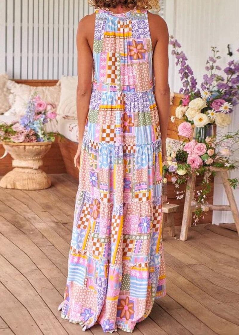 Pink Ruffled Print Cotton Long Dresses Sleeveless Aa1029
