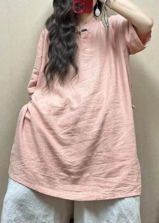 Pink Stand Collar Side Open Linen Blouses Half Sleeve Gg017