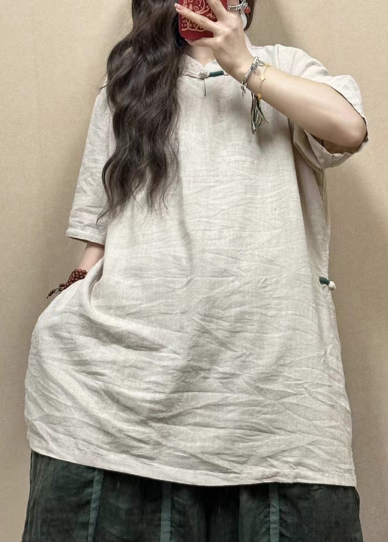 Pink Stand Collar Side Open Linen Blouses Half Sleeve Gg017