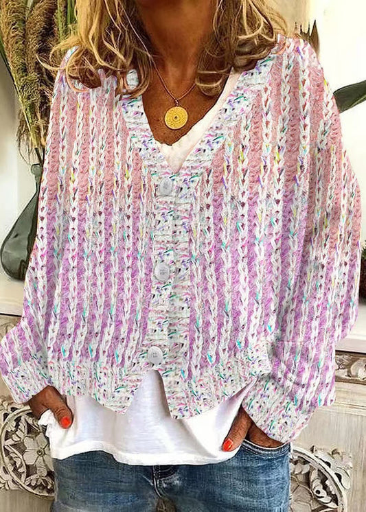 Neck Cardigan Pink Cozy V Striped Spring Knit