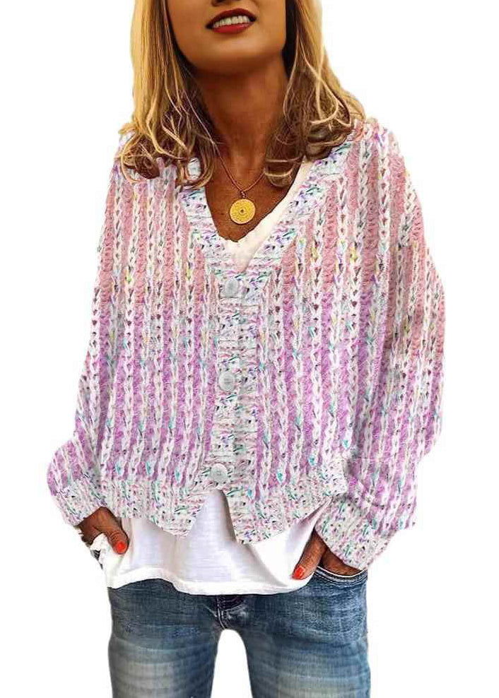 Neck Cardigan Pink Cozy V Striped Spring Knit