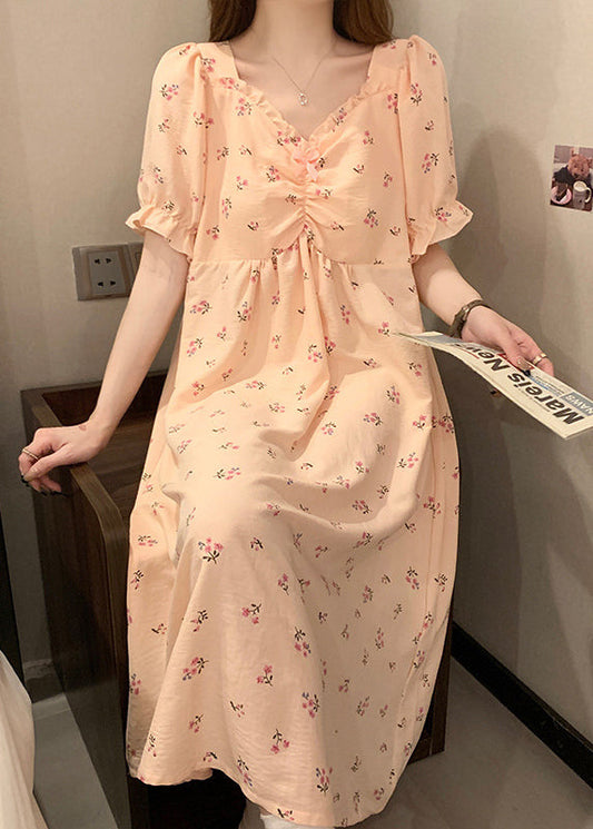 Pink V Neck Wrinkled Print Cotton Pajamas Long Dress Summer Yk019