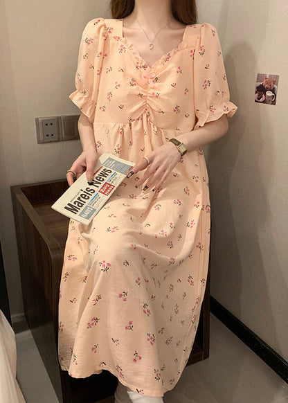 Pink V Neck Wrinkled Print Cotton Pajamas Long Dress Summer Yk019