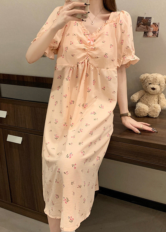 Pink V Neck Wrinkled Print Cotton Pajamas Long Dress Summer Yk019