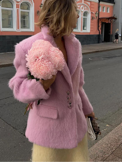 Pink Woolen Lapel Long Single High Street Coat