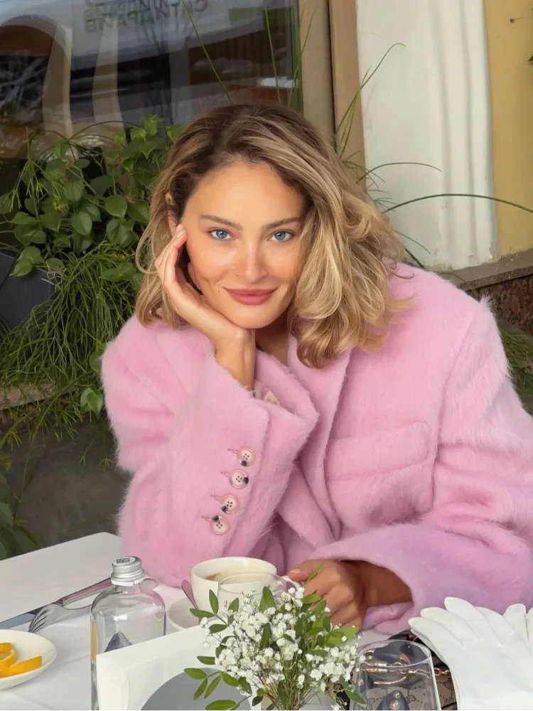 Pink Woolen Lapel Long Single High Street Coat