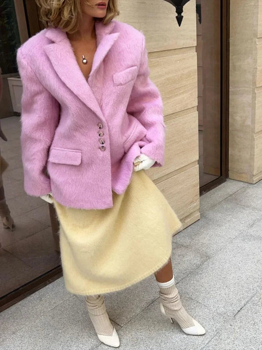 Pink Woolen Lapel Long Single High Street Coat