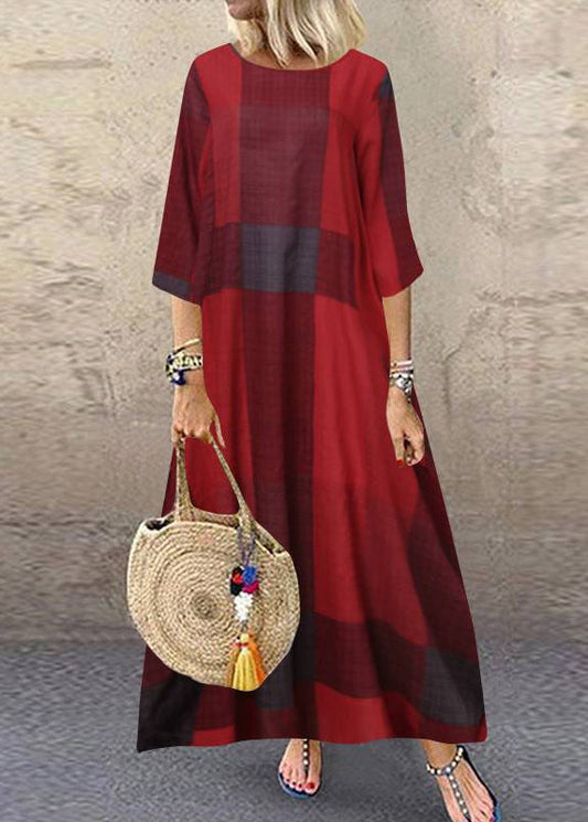 Plaid Short Sleeve Crew Neck Side Pocket Baggy Long Maxi Dress Wine Red Lc0030
