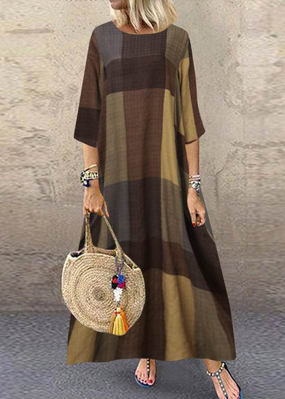 Plaid Short Sleeve Crew Neck Side Pocket Baggy Long Maxi Dress Wine Red Lc0030