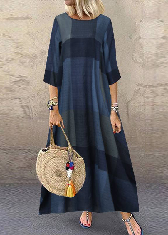 Plaid Short Sleeve Crew Neck Side Pocket Baggy Long Maxi Dress Wine Red Lc0030