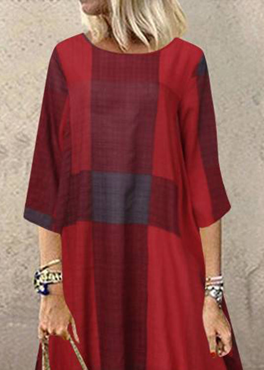 Plaid Short Sleeve Crew Neck Side Pocket Baggy Long Maxi Dress Wine Red Lc0030