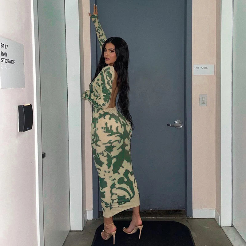 Backless High Waist Long Sleeve Midi Dress