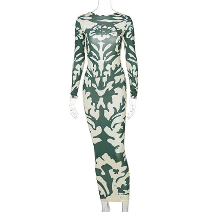 Backless High Waist Long Sleeve Midi Dress