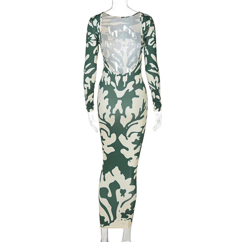Backless High Waist Long Sleeve Midi Dress
