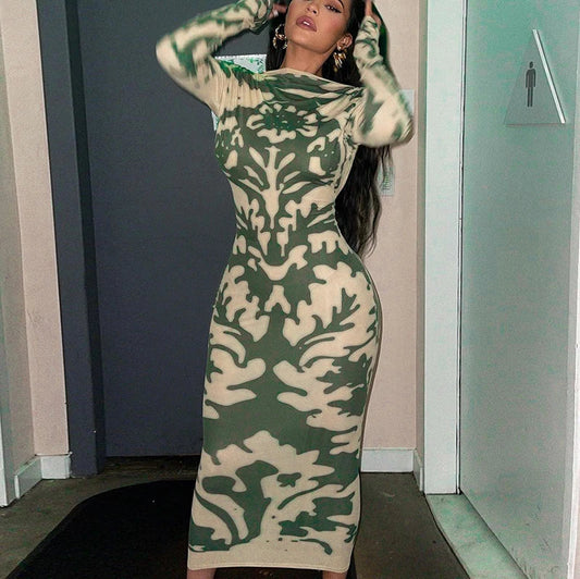 Backless High Waist Long Sleeve Midi Dress