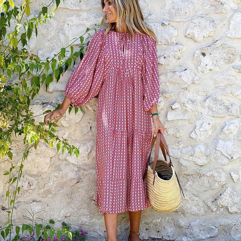 Puff Sleeve Maxi Dress Print V-neck Loose Holiday Beach Party Vestidos