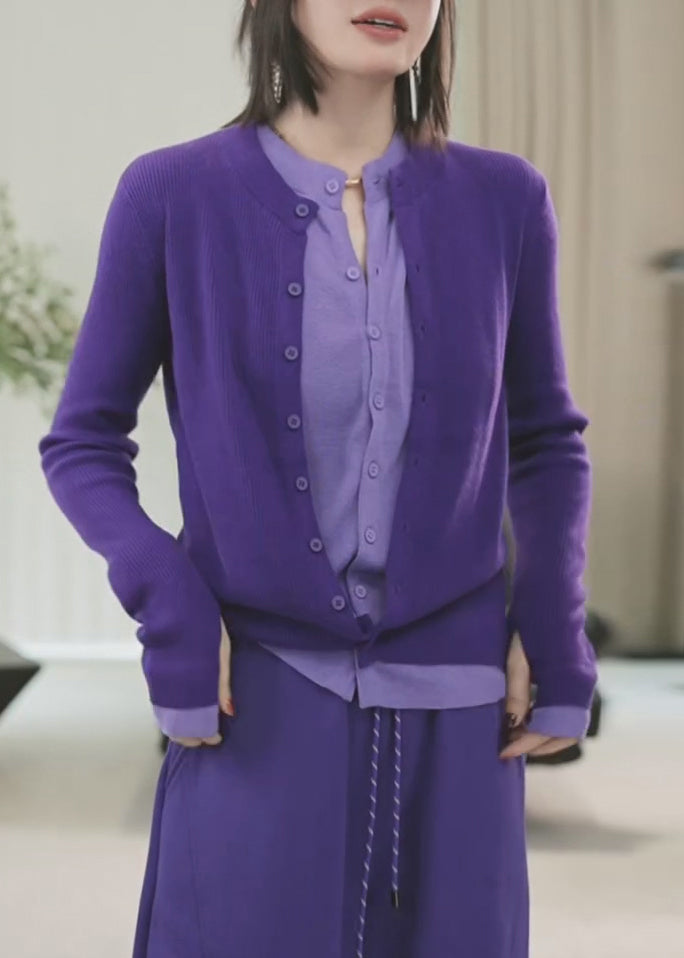 Purple Button Patchwork False Two Pieces Knit Sweaters Winte Wm017